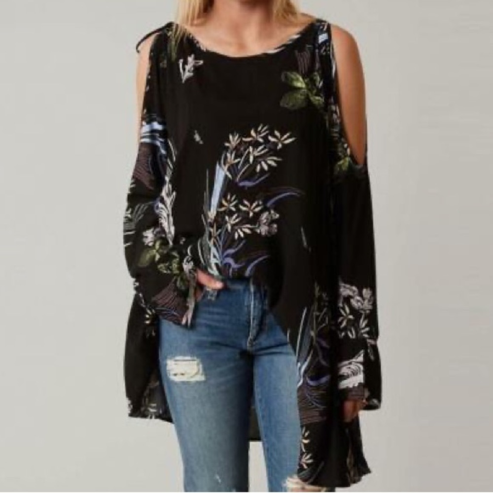 Free People Clear Skies Black Floral Print Cold Shoulder Tunic / Mini Dress